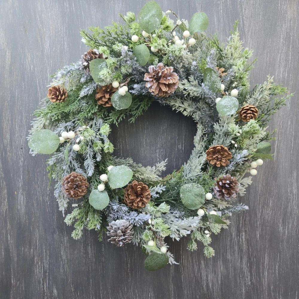 Handmade lush, artificial Winter Greenery Wreath With White And Brown Accents